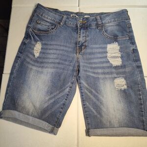 Distressed Denim Long Rider Picnic Bermuda Shorts Size 4 #374